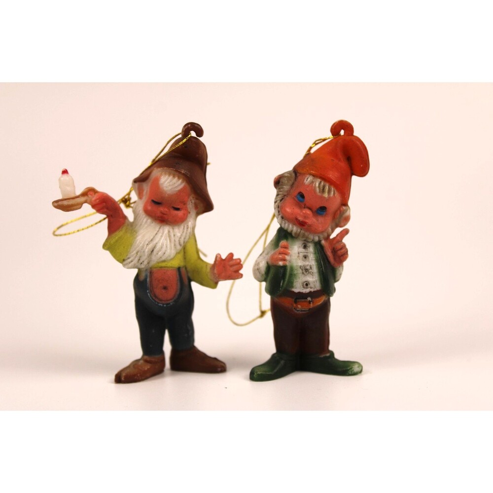 Vintage Christmas Ornaments Elf Pixie Gnome Dwarf 3” Each Plastic Lot Of 2